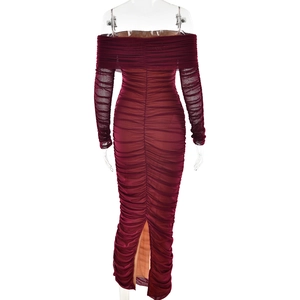 Back view detail of burgundy mesh off-shoulder bodycon dress with ruching and back slit