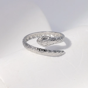 Macro detail of snake-shaped stainless steel ring with fine scale texture on white stand