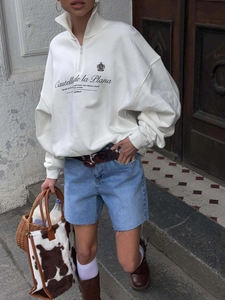 Women Cotton Sweatshirt Half Zipper Stand Collar Long Sleeve American Retro Streetwear Letter Print Loose Pullover Top