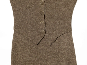 Close-up of vintage brown knit vest featuring four metallic buttons and waist tailoring