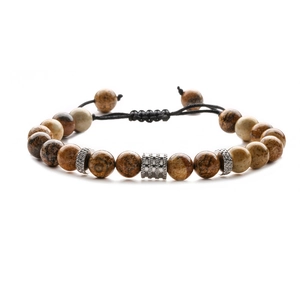 Detail of adjustable woven bracelet with brown agate beads and silver metal spacers