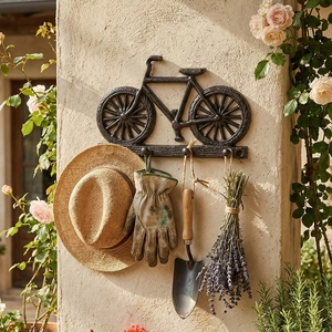 Perchero de pared vintage de hierro forma bicicleta para hogar con cuatro ganchos