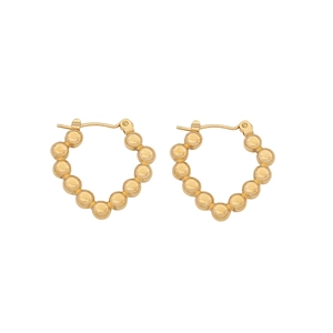 Symmetric pair of golden beaded hoop earrings with safe hinged snap closure on white background