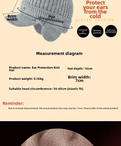 Detailed size specifications for grey knit beanie with ear protection and plush lining
