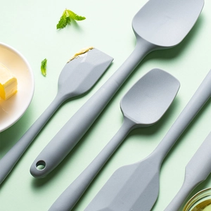 6-piece grey silicone spatula set for professional baking and cooking on light background