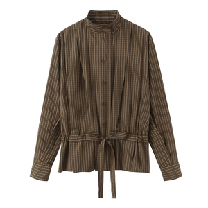 Women Long Sleeve Plaid Blouse Polyester Stand Collar Waist Bow Tie Drawstring Retro Casual Shirt
