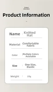 Detailed chart showing weight, elastic size, and fabric specs for knit winter hats