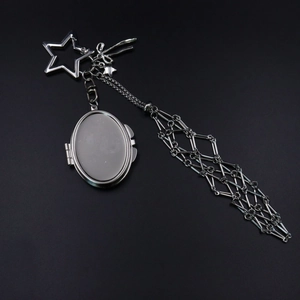 Silver stainless steel star keychain with locket and geometric mesh tassel accessory