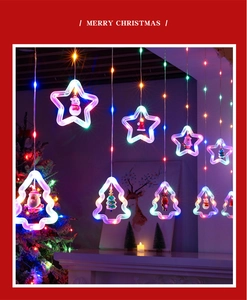 Detail of LED curtain lights with stars, Christmas trees and holiday figurines