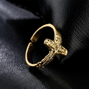 18K gold plated copper adjustable open ring with a geometric cross design for men and women
