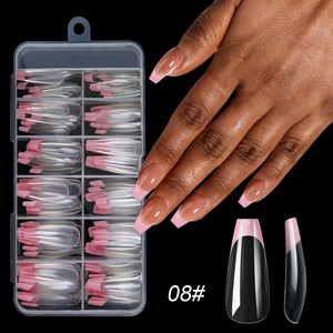 Pink French tip coffin nails set with clear storage box and size 08# model display