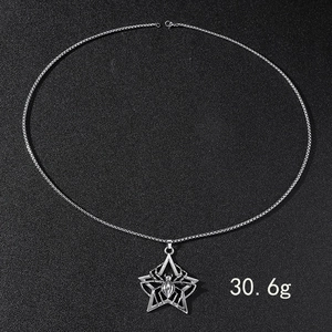 Détail du collier en acier inoxydable argenté avec pendentif étoile et araignée