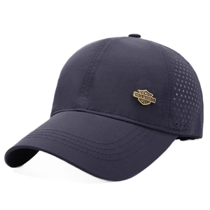 Dark blue breathable summer baseball cap with side laser-cut vents and metal badge
