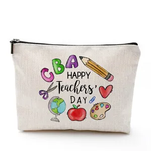 Waterproof cotton linen teacher gift cosmetic bag with zipper and colorful icons