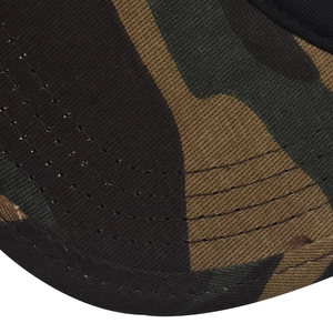 Detailed close-up of woodland camouflage cotton fabric with reinforced stitching on hat brim