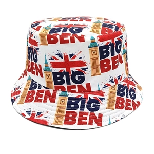Close-up of canvas bucket hat featuring London Big Ben and Union Jack vintage prints