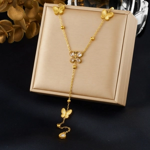 Collier Lariat En Forme De Y Papillon En Acier Inoxydable Plaqué Or Avec Zircon Pendentif Gland Bijoux Élégants Pour Femmes