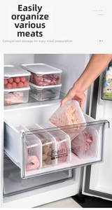 Detail von transparenten Frischhaltedosen im Kühlschrank für Fleisch und Lebensmittel