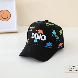 Close-up of kids dinosaur baseball cap with colorful dino print and DINO embroidery