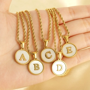 Initial Letter Necklace 18K Gold Plated Stainless Steel Shell Round Pendant Rope Chain For Women Elegant Fashion