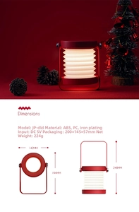 Detailed size chart of the red LED lantern lamp showing folded and unfolded dimensions