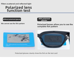 Polarized sunglasses lens test showing the fish pattern through black cat-eye frames