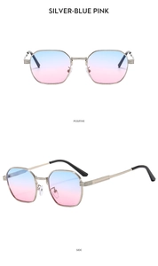 Close-up of small frame metal sunglasses with silver frame and blue-pink gradient lenses