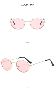 Detailed views of gold metal oval sunglasses with pink lenses from front and side angles