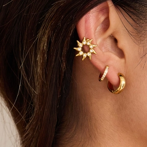 Ensemble de boucles d'oreilles en acier doré 18K avec manchette soleil et anneaux