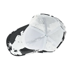 Detail view of cotton tie-dye baseball cap inner lining and adjustable metal buckle