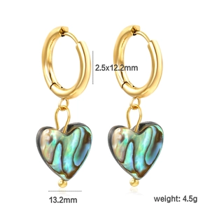 Golden heart earrings with abalone shell inlays and detailed size dimensions