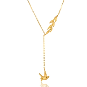 Detailed Y-shaped gold necklace featuring an olive leaf branch and a flying bird pendant