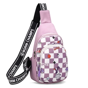 Kids purple checkerboard crossbody chest bag with adjustable strap and graphic prints