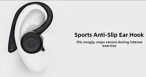 Detail showing the ergonomic ear-hook design for stable sport wireless earbuds wearing