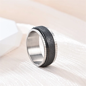 Detailed macro shot of a rotatable frosted titanium steel spinner ring for men