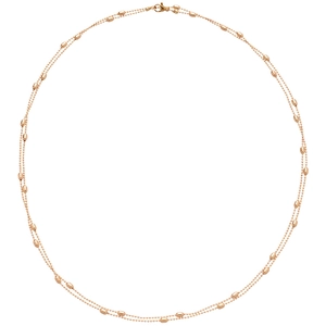Minimalist double-layered gold beaded necklace with metallic oval beads on white background
