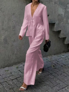 Pink V-neck long sleeve top with ruffle hem and wide leg pants casual two-piece set