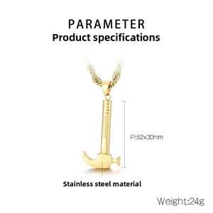 Detailed specs of the golden stainless steel hammer pendant necklace measuring 52x30mm