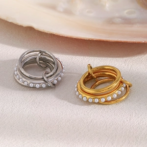 Stainless Steel 18K Gold Plated Layered Interlocking Stackable Ring With White Faux Artificial Pearl Elegant Finger Jewelry For Women