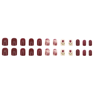 Short square press-on nails set with tulip designs and burgundy glitter finishes