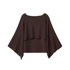 Haut En Maille À Col Bateau Pour Femmes Manches Chauve-Souris Superposées Pull Ample Couleur Unie Polyester Acrylique