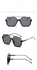 Three-way view showing front, side and back of black pilot square sunglasses