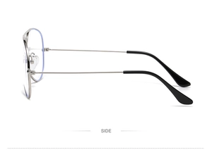 Side view of silver aviator metal glasses frame with black temple tips on white background