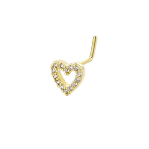 Fashionable gold heart nose stud with sparkling cubic zirconia on white background