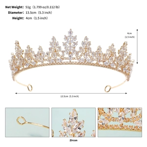 Detailed size specifications and close-up views of the zircon bridal tiara craftsmanship