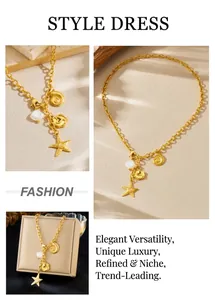 Detail view of gold-plated stainless steel necklace with starfish and shell pendants