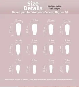Size guide for medium ballerina press-on nails detailing width and length for 24 pieces