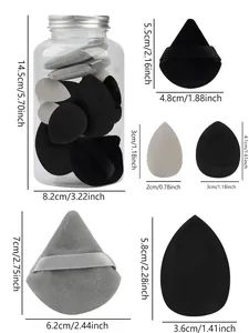 Size guide for makeup sponge set in cylinder jar featuring diverse shapes and dimensions