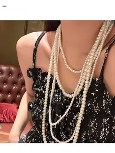 Detail of multi-layer pearl necklace with elegant cream luster on a fashion model
