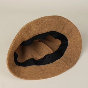 Foldable brown knit sun hat for women featuring inner black sweatband detail